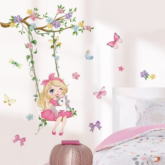 Sticker decorativ, Fetita cu leagan si unicorn, 90 cm, 1139STK