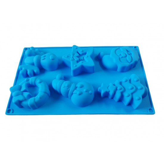 Forma silicon pentru prajituri, Tema Craciun, 6 cavitati, Albastru, 27 cm, 478COF