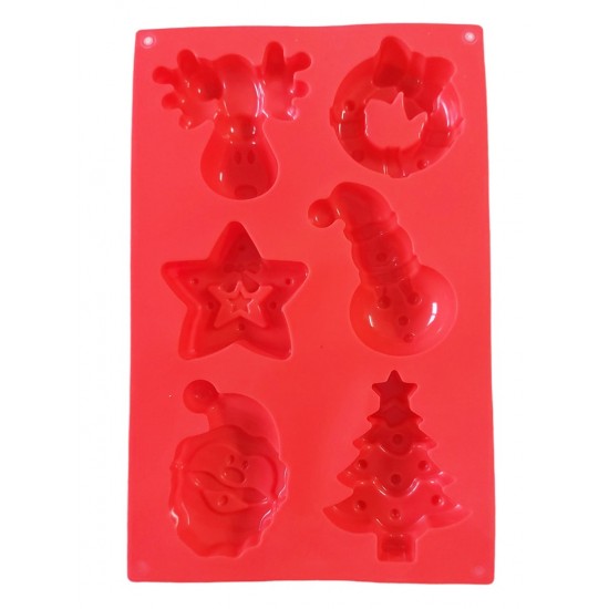 Forma silicon pentru prajituri, Tema Craciun, 6 cavitati, Rosu, 27 cm, 479COF