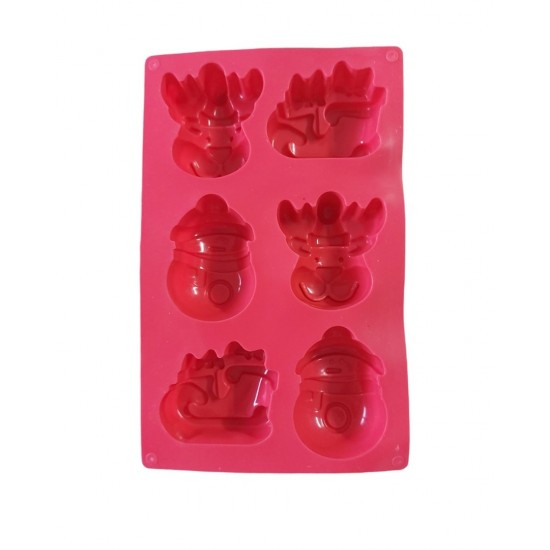 Forma silicon pentru prajituri, Tema Craciun, Trasura, Om de zapada, Ren, 6 cavitati, Rosu, 27 cm, 485COF