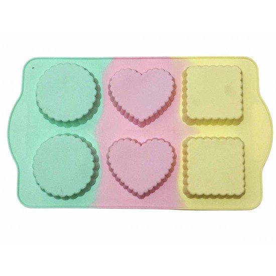 Forma din silicon pentru prajituri si tarte, model patrat, inima, rotund, termorezistenta, 6 cavitati, 533COF