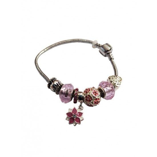 Bratara fantezie, cu talismane roz, Flori, A4B31 Bratara fantezie, cu talismane roz, Flori, A4B31