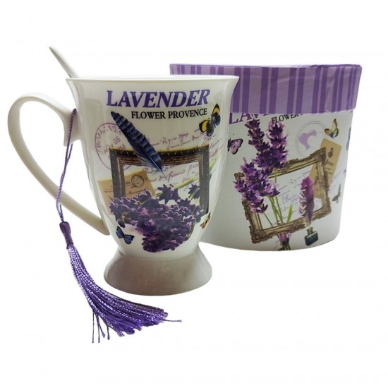 Cana din ceramica cu lingurita, Model cu lavanda, Mov, DO116G Cana din ceramica cu lingurita, Model cu lavanda, Mov, DO116G