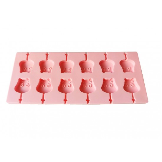 Forma silicon 12 cavitati, Hipopotam, Acadele din ciocolata sau Acadele din zahar, Roz, 26 cm, 245COF