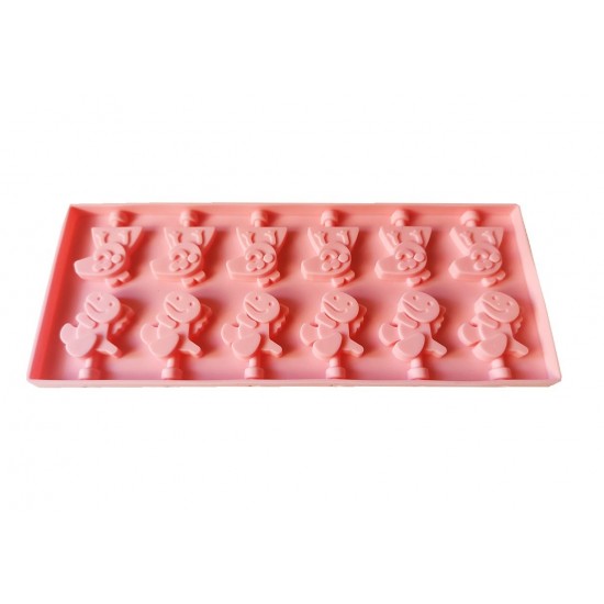 Forma silicon 12 cavitati, Peppa Pig si Dinosaur, Acadele din ciocolata sau Acadele din zahar, Roz, 26 cm, 246COF