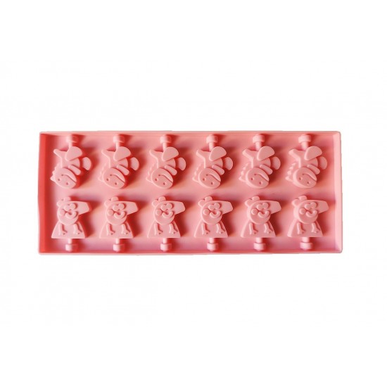 Forma silicon 12 cavitati, Peppa Pig si Dinosaur, Acadele din ciocolata sau Acadele din zahar, Roz, 26 cm, 246COF