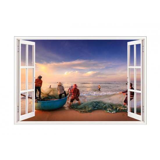 Sticker decorativ, Fereastra 3D, Pescari, Vietnam, 85 cm, 587STK Sticker decorativ, Fereastra 3D, Pescari, Vietnam, 85 cm, 587STK