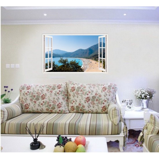 Sticker decorativ, Fereastra 3D, Plaja, 85 cm, 576STK
