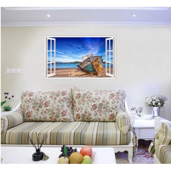 Sticker decorativ, Fereastra 3D, Plaja, 85 cm, 619STK Sticker decorativ, Fereastra 3D, Plaja, 85 cm, 619STK