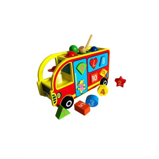 Autobuz din lemn, Potrivirea formelor, 15 piese, MWZ3052 Autobuz din lemn, Potrivirea formelor, 15 piese, MWZ3052
