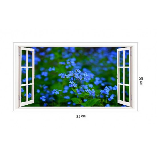 Sticker decorativ, Fereastra 3D, Flori albastre, 85 cm, 245STK Sticker decorativ, Fereastra 3D, Flori albastre, 85 cm, 245STK