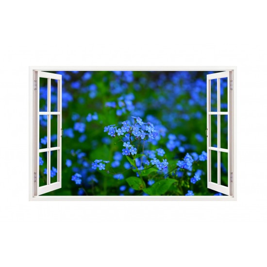 Sticker decorativ, Fereastra 3D, Flori albastre, 85 cm, 245STK Sticker decorativ, Fereastra 3D, Flori albastre, 85 cm, 245STK