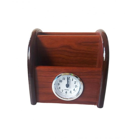 Ornament de birou cu ceas din lemn, Maro, 12 cm, 3561DX Ornament de birou cu ceas din lemn, Maro, 12 cm, 3561DX