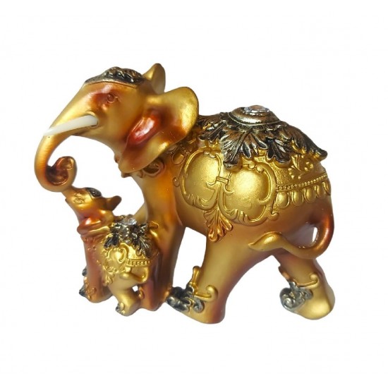 Statueta decorativa, Elefant cu pui, Auriu, 15 cm, XQ13009
