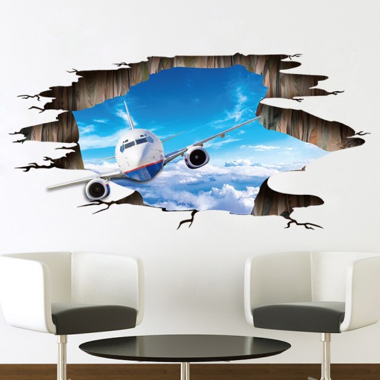 Sticker decorativ 3D, Gaura in perete, avion pe cer 115 cm, 97STK Sticker decorativ 3D, Gaura in perete, avion pe cer 115 cm, 97STK
