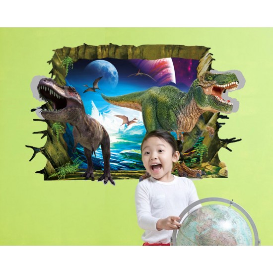 Sticker decorativ 3D, Gaura in perete spre lumea dinozaurilor 85 cm, 424STK Sticker decorativ 3D, Gaura in perete spre lumea dinozaurilor 85 cm, 424STK