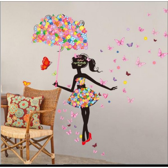 Sticker decorativ Umbrela din flori cu Fluturasi, 13STK Sticker decorativ Umbrela din flori cu Fluturasi, 13STK