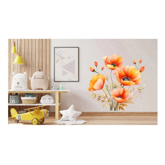 Sticker decorativ, Buchet de Flori Maci, Portocaliu, 61 cm, 1350STK-5 Sticker decorativ, Buchet de Flori Maci, Portocaliu, 61 cm, 1350STK-5
