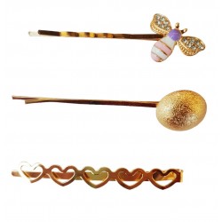 Set 3 agrafe de par, Inima, Rotund, Albina, 6 cm, Auriu, 34BJ Set 3 agrafe de par, Inima, Rotund, Albina, 6 cm, Auriu, 34BJ