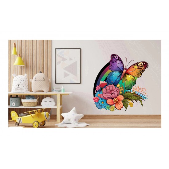 Sticker decorativ, Fluture, Curcubeu si Flori, Multicolor, 68 cm, 1210STK-1 Sticker decorativ, Fluture, Curcubeu si Flori, Multicolor, 68 cm, 1210STK-1